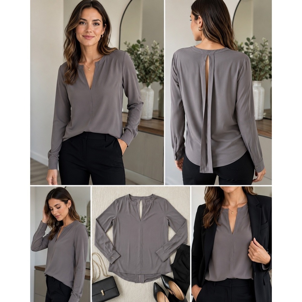 Ann Taylor Blouse Womens XS Taupe Split Neck Pleated Open Back‎ Long Sleeve
